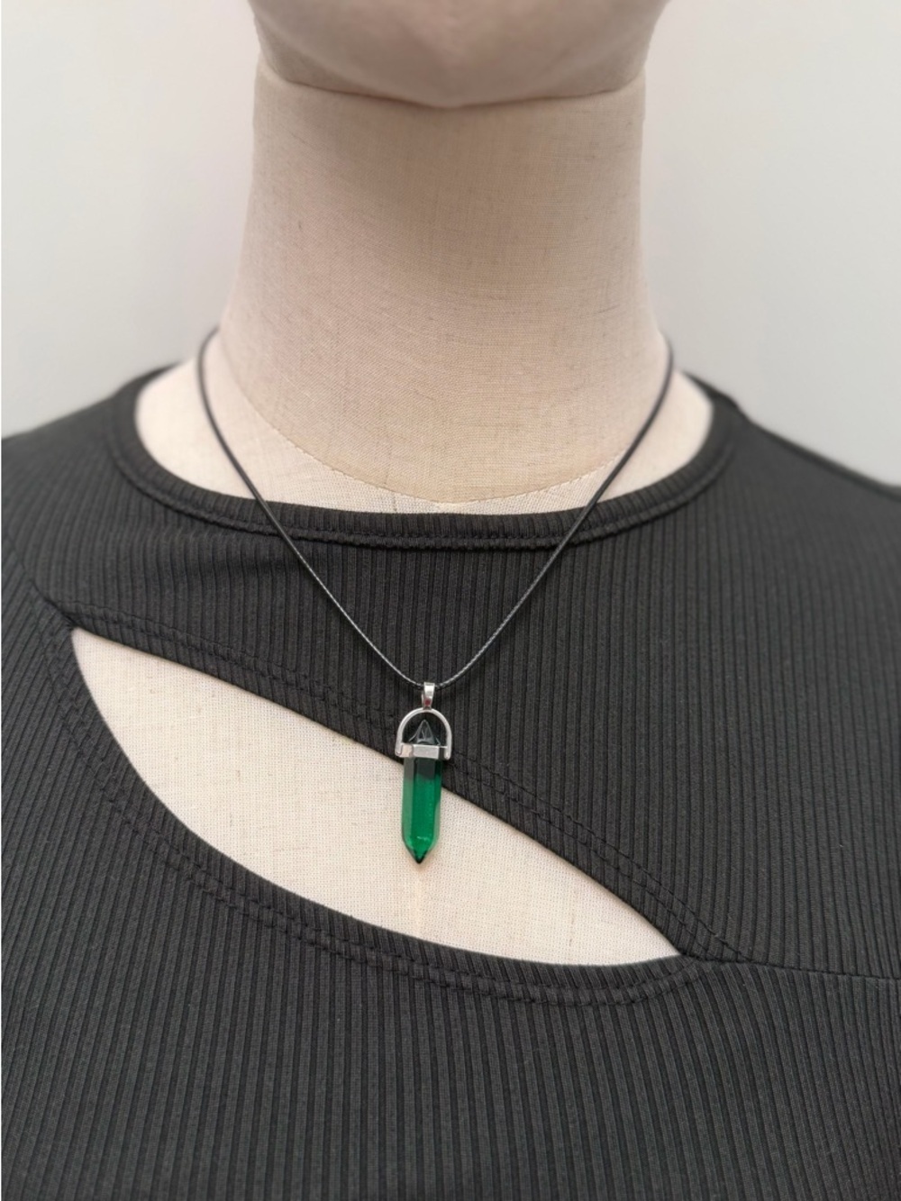 Green Crystal Pendant Necklace Black Cord Unisex Point Pendant Minimalist